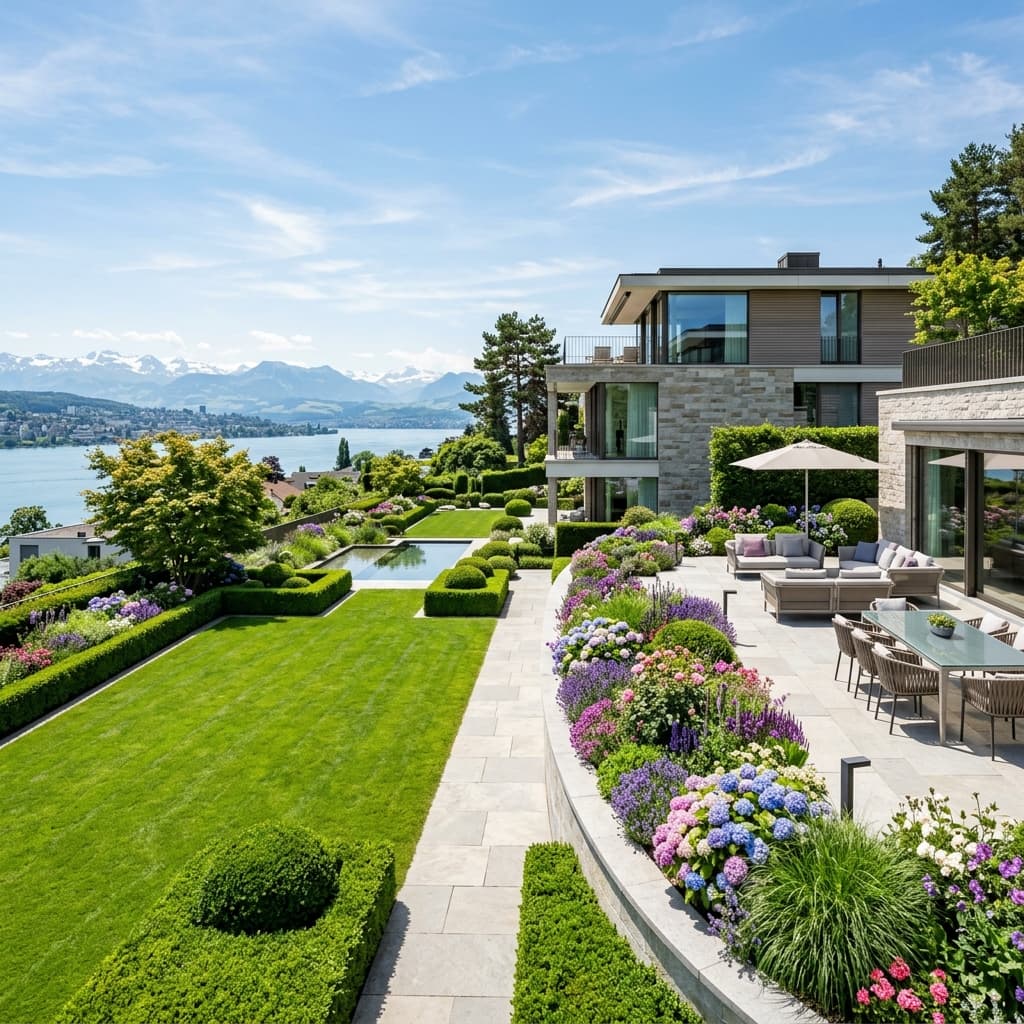 Gepflegte Gartenanlage und Steinplatten nach fachgerechter Übergabepflege in Zürich